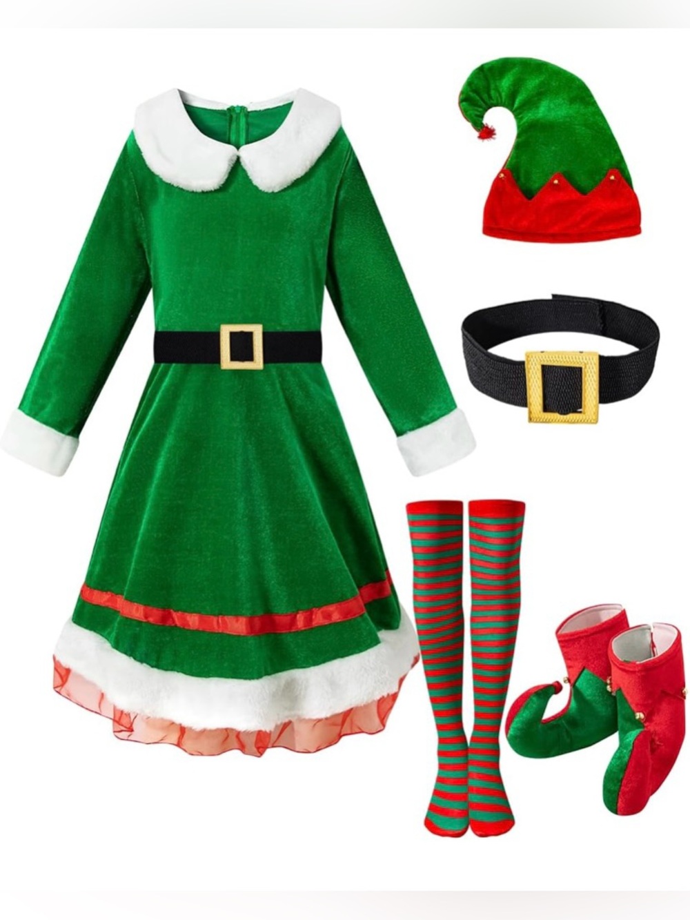 Kids Green Elf Costume Dress with Hat and Accessories